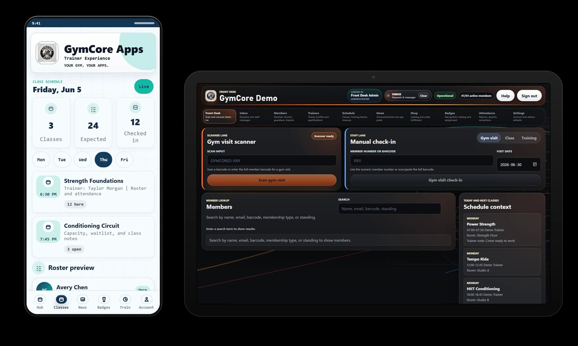 A gym's branded member and trainer app on a phone standing beside Front Desk Web on a tablet.